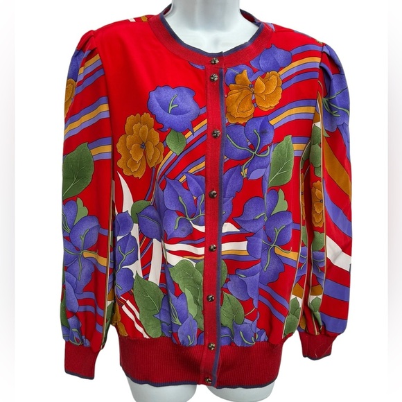 Vintage ladies Robert Janan red floral snap button jacket size Small - Picture 1 of 9